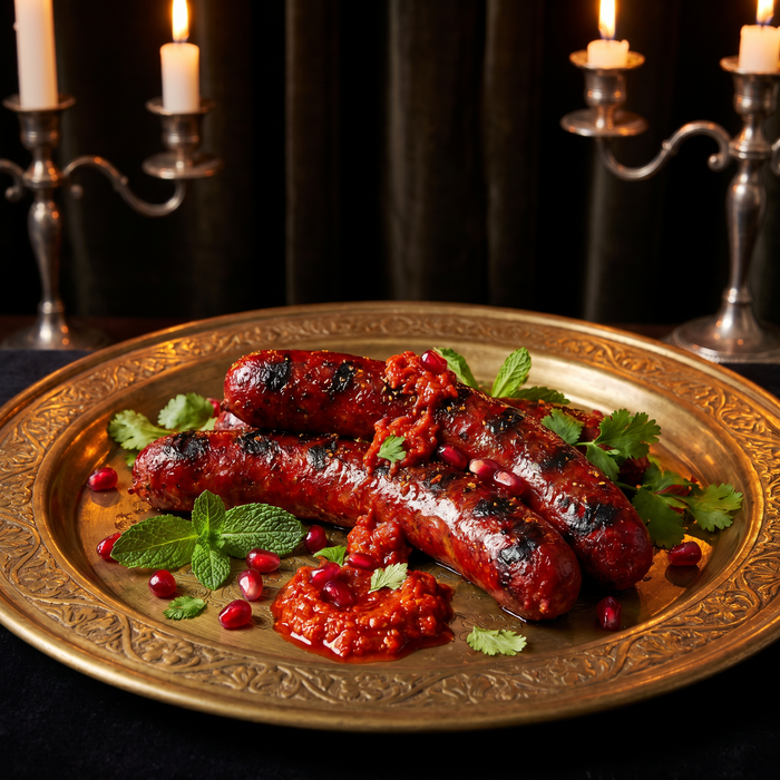 Merguez, linguiça marroquina apimentada, grelhada na brasa