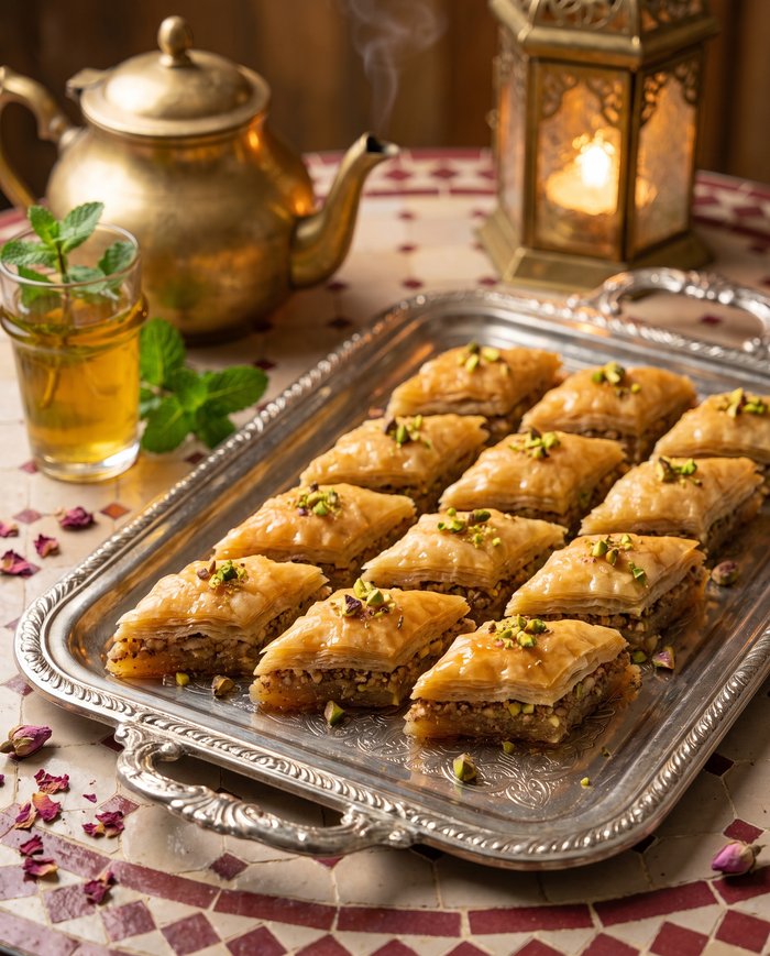 Baklava marroquina de amêndoa e pistache em calda de mel