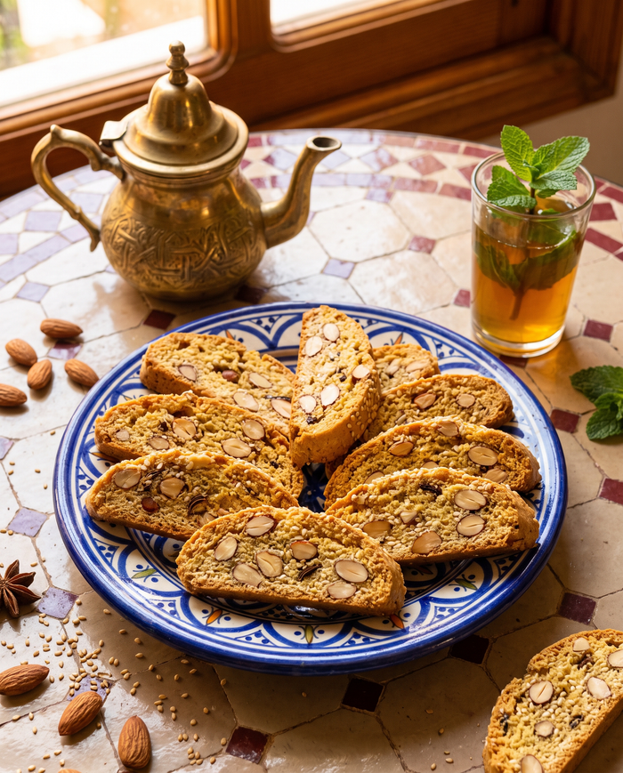 Fekkas, biscoito crocante marroquino de amêndoa e gergelim