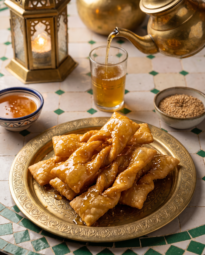 Mkharqa, tranças de massa marroquinas fritas e mergulhadas no mel
