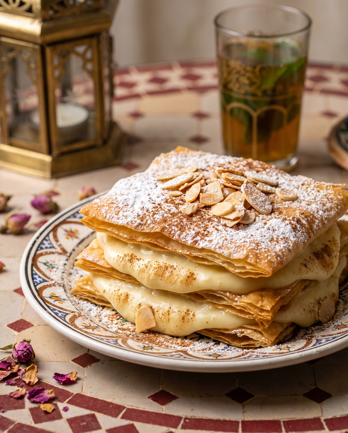 Pastilla de leite (jawhara), sobremesa marroquina de massa folhada e creme
