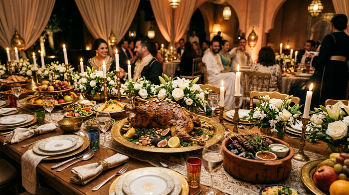Menu marroquino para casamento — banquete de cordeiro e kefta